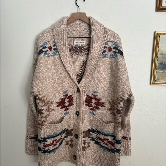 Lucky Brand Beige Horse Motif Cowl Neck Sweater Cardigan Western Aztec Large NWT - Picture 2 of 4